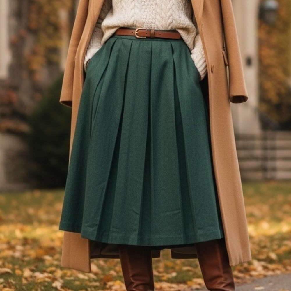 Century of Boston Vintage Wool Pleated Midi Skirt Green 27 Waist Dark Academia